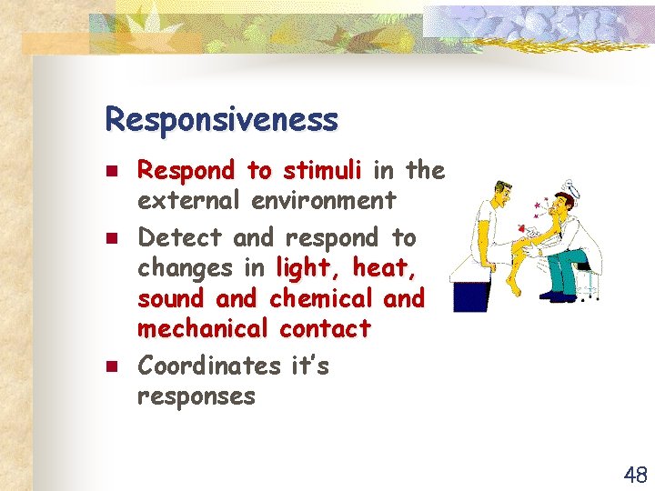 Responsiveness n n n Respond to stimuli in the external environment Detect and respond