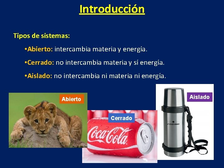 Introducción Tipos de sistemas: • Abierto: intercambia materia y energía. • Cerrado: no intercambia