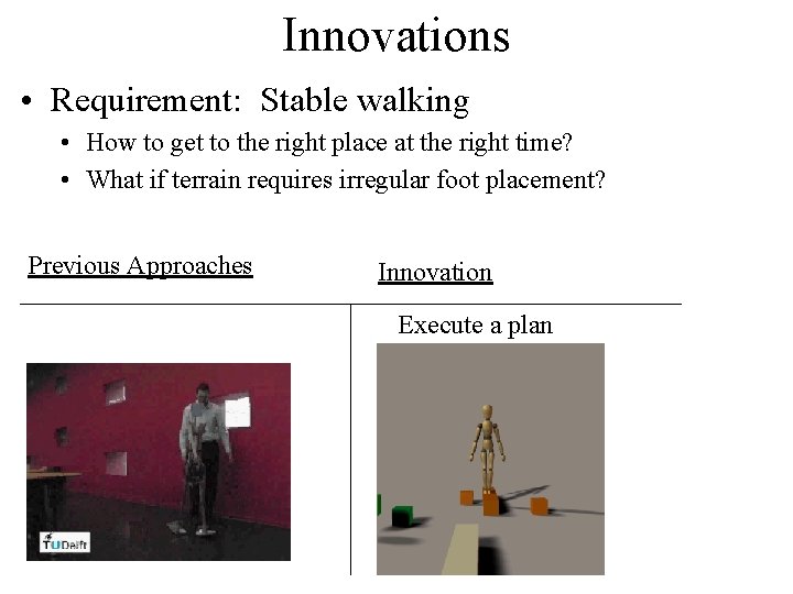 Innovations • Requirement: Stable walking • How to get to the right place at