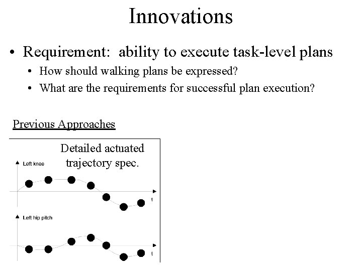 Innovations • Requirement: ability to execute task-level plans • How should walking plans be