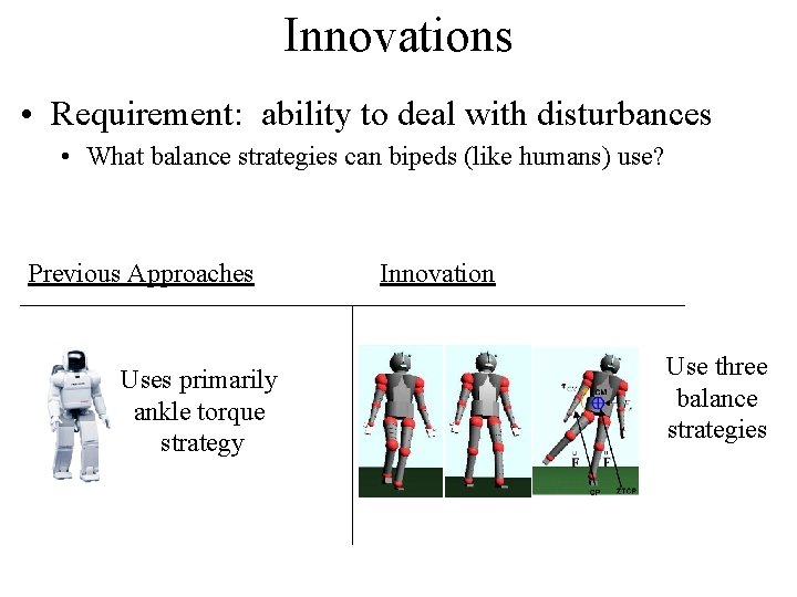 Innovations • Requirement: ability to deal with disturbances • What balance strategies can bipeds