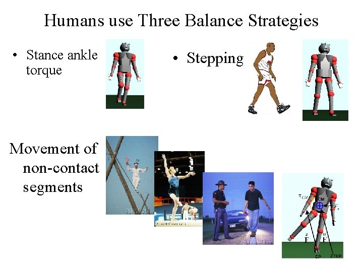 Humans use Three Balance Strategies • Stance ankle torque Movement of non-contact segments •