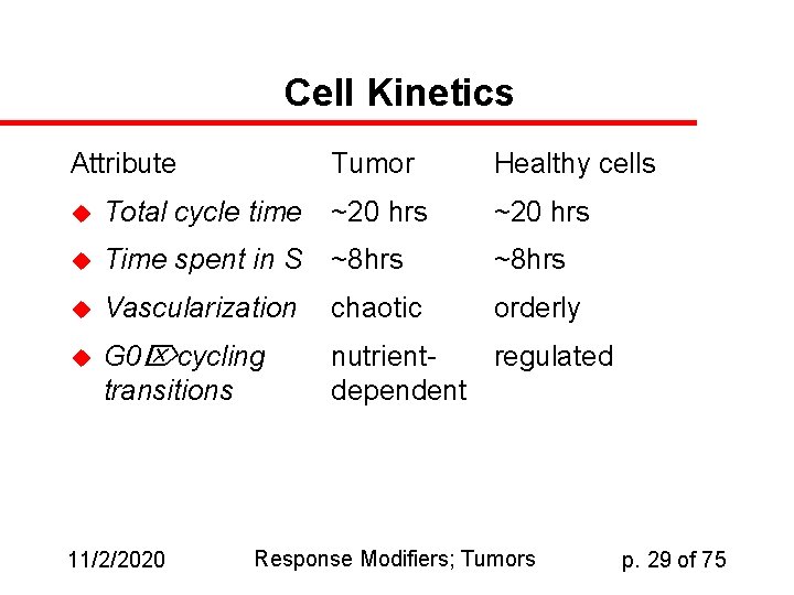 Cell Kinetics Attribute Tumor Healthy cells u Total cycle time ~20 hrs u Time