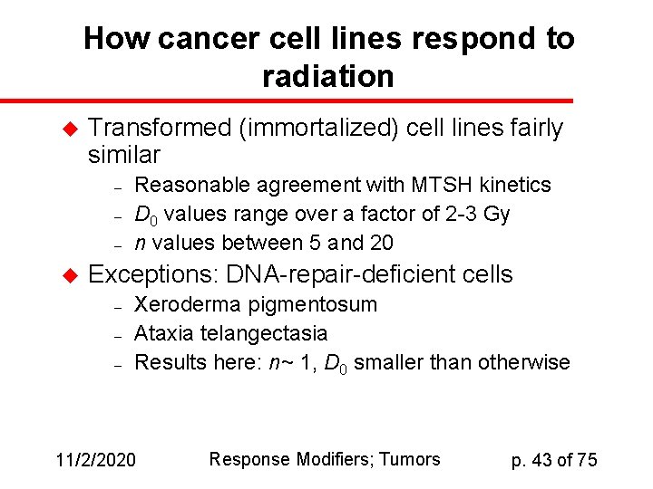 How cancer cell lines respond to radiation u Transformed (immortalized) cell lines fairly similar
