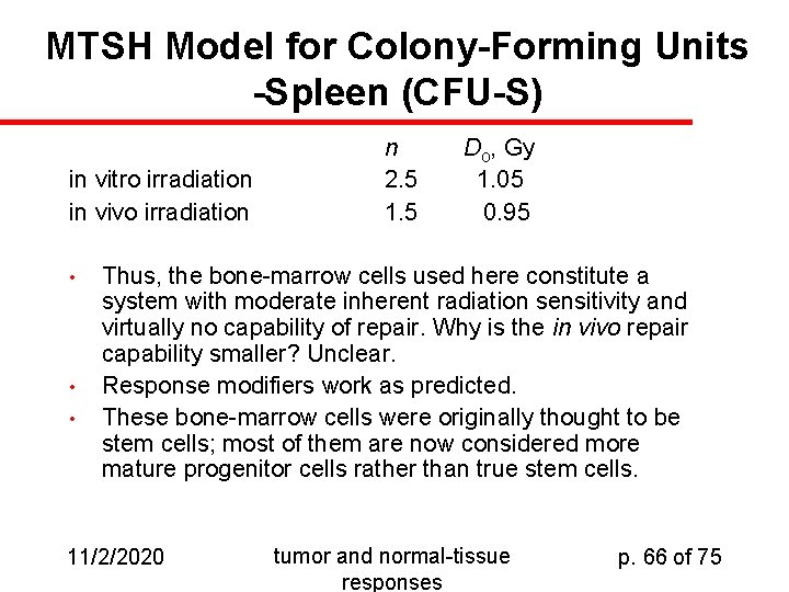 MTSH Model for Colony-Forming Units -Spleen (CFU-S) in vitro irradiation in vivo irradiation •