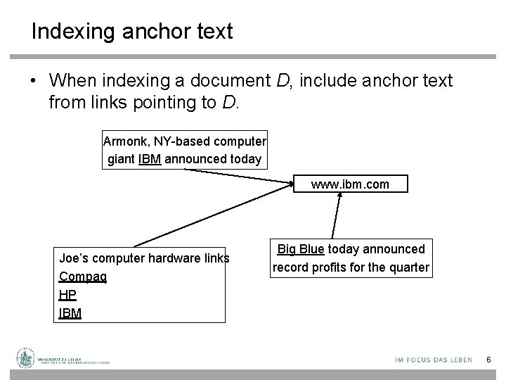 Indexing anchor text • When indexing a document D, include anchor text from links