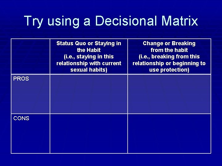 Try using a Decisional Matrix Status Quo or Staying in the Habit (i. e.