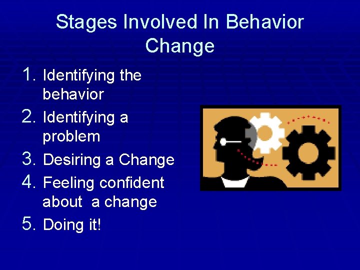 Stages Involved In Behavior Change 1. Identifying the behavior 2. Identifying a problem 3.