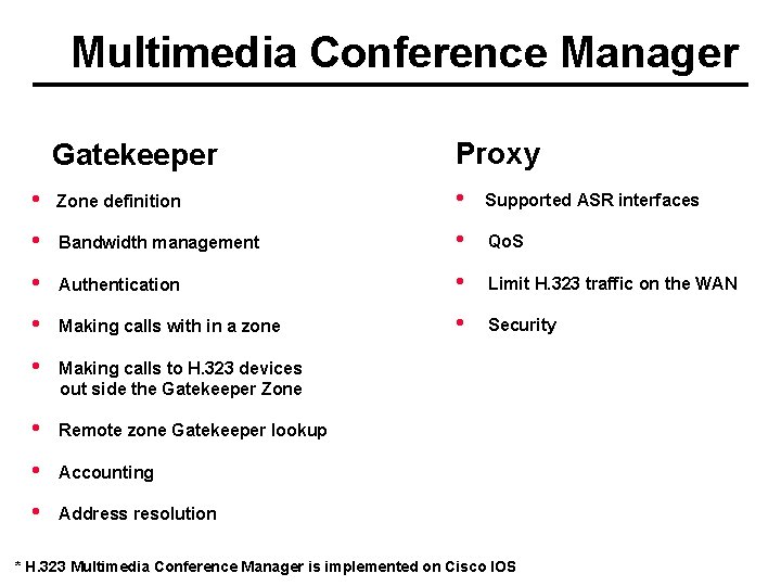 Multimedia Conference Manager Gatekeeper Proxy • Zone definition • Supported ASR interfaces • Bandwidth