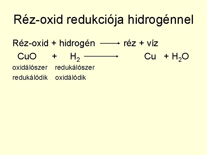 Réz-oxid redukciója hidrogénnel Réz-oxid + hidrogén Cu. O + H 2 oxidálószer redukálódik redukálószer