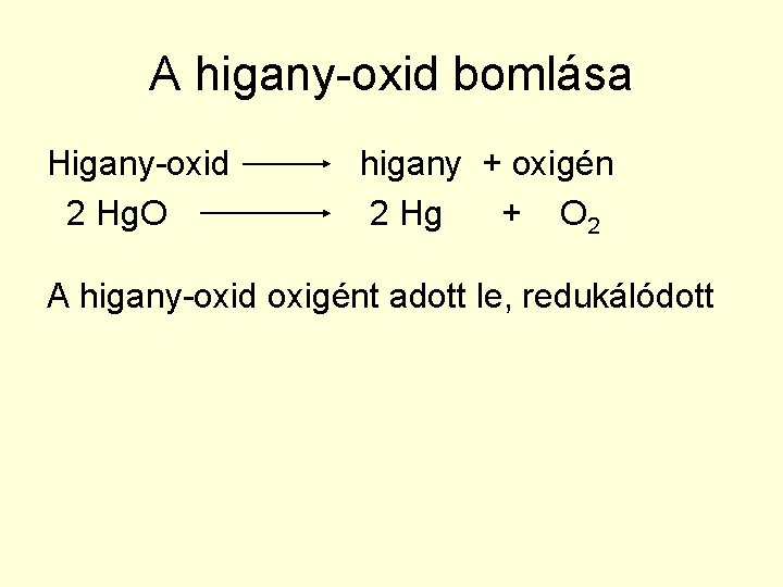 A higany-oxid bomlása Higany-oxid 2 Hg. O higany + oxigén 2 Hg + O