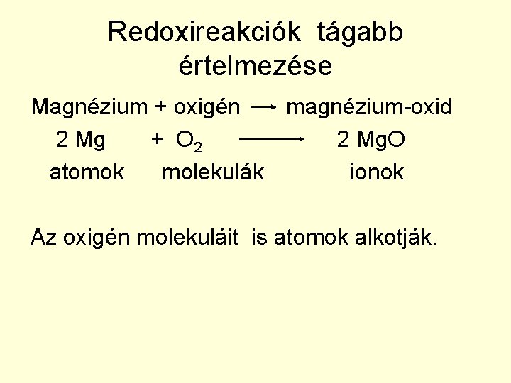 Redoxireakciók tágabb értelmezése Magnézium + oxigén magnézium-oxid 2 Mg + O 2 2 Mg.
