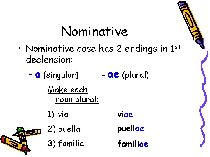 Nominative • Nominative case has 2 endings in 1 st declension: – a (singular)