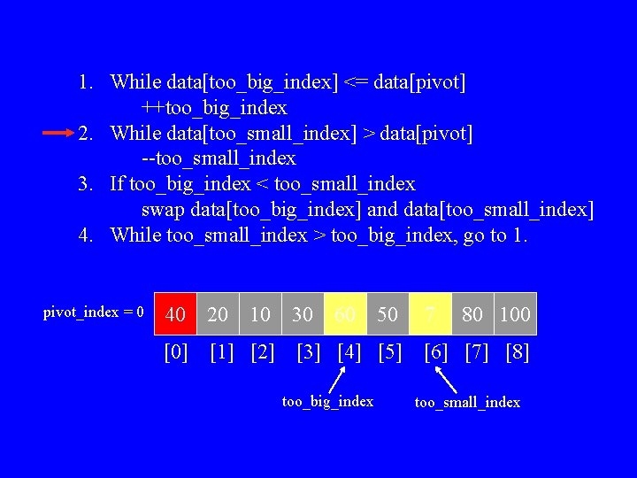 1. While data[too_big_index] <= data[pivot] ++too_big_index 2. While data[too_small_index] > data[pivot] --too_small_index 3. If