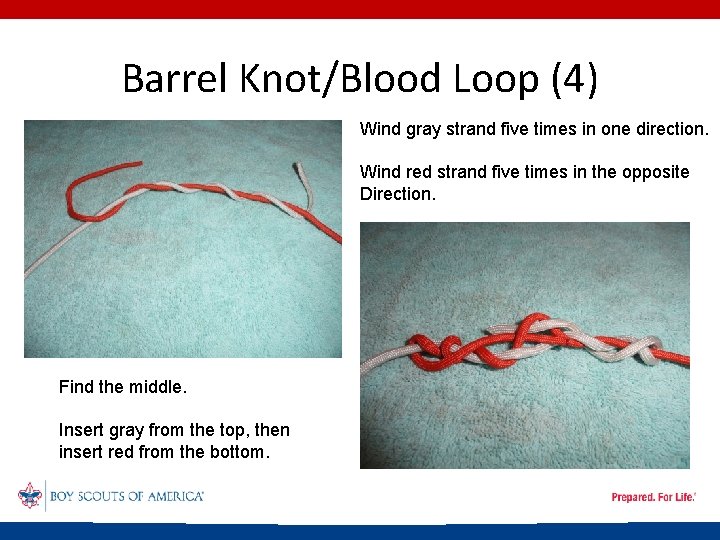 Barrel Knot/Blood Loop (4) Wind gray strand five times in one direction. Wind red