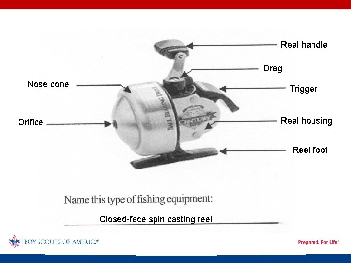 Reel handle Drag Nose cone Trigger Reel housing Orifice Reel foot Closed-face spin casting