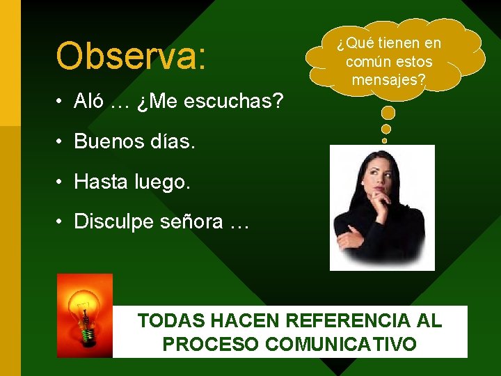 Observa: ¿Qué tienen en común estos mensajes? • Aló … ¿Me escuchas? • Buenos