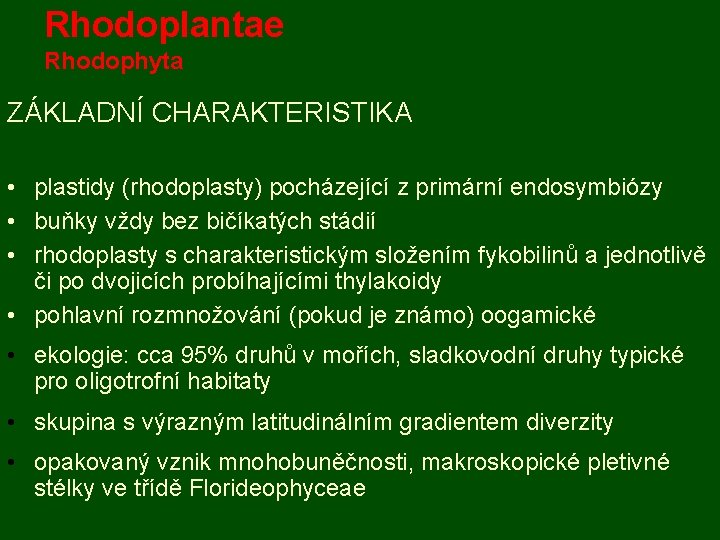 Rhodoplantae Rhodophyta ZÁKLADNÍ CHARAKTERISTIKA • plastidy (rhodoplasty) pocházející z primární endosymbiózy • buňky vždy