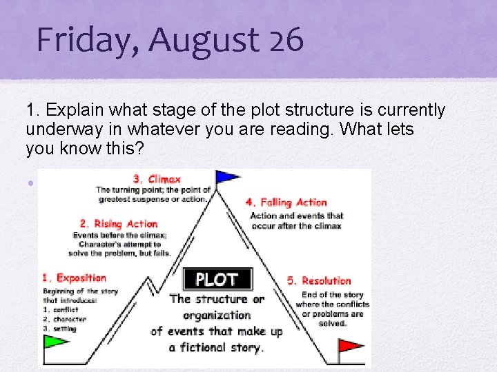 Friday, August 26 1. Explain what stage of the plot structure is currently underway