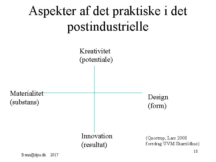 Aspekter af det praktiske i det postindustrielle Kreativitet (potentiale) Materialitet (substans) Design (form) Innovation