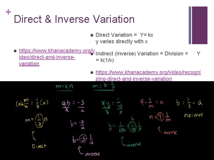 + Direct & Inverse Variation n n Direct Variation = Y= kx y varies