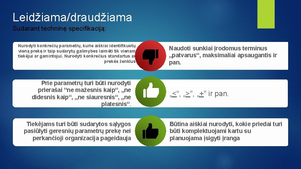 Leidžiama/draudžiama Sudarant techninę specifikaciją: Nurodyti konkrečių parametrų, kurie aiškiai identifikuotų vieną prekę ir taip