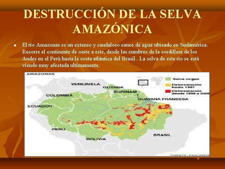 DESTRUCCIÓN DE LA SELVA AMAZÓNICA El río Amazonas es un extenso y caudaloso cauce