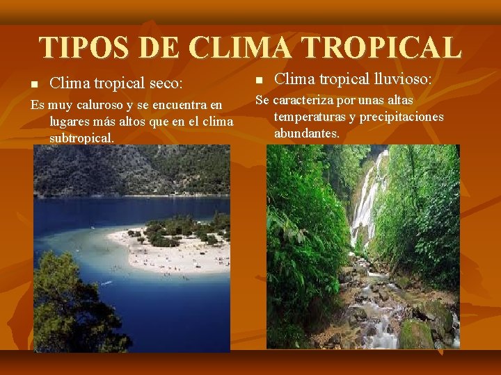 TIPOS DE CLIMA TROPICAL Clima tropical seco: Es muy caluroso y se encuentra en