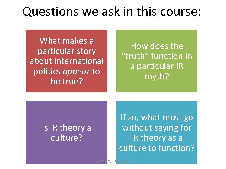 Questions we ask in this course: What makes a particular story about international politics
