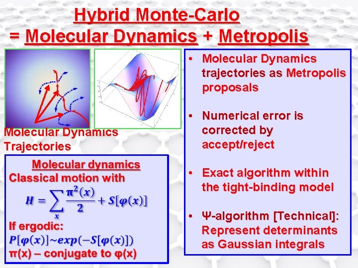Hybrid Monte-Carlo = Molecular Dynamics + Metropolis • Molecular Dynamics trajectories as Metropolis proposals Hybrid Monte-Carlo = Molecular Dynamics + Metropolis • Molecular Dynamics trajectories as Metropolis proposals