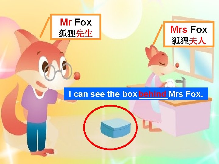 Mr Fox 狐狸先生 Mrs Fox 狐狸夫人 I can see the box behind ______Mrs Fox.