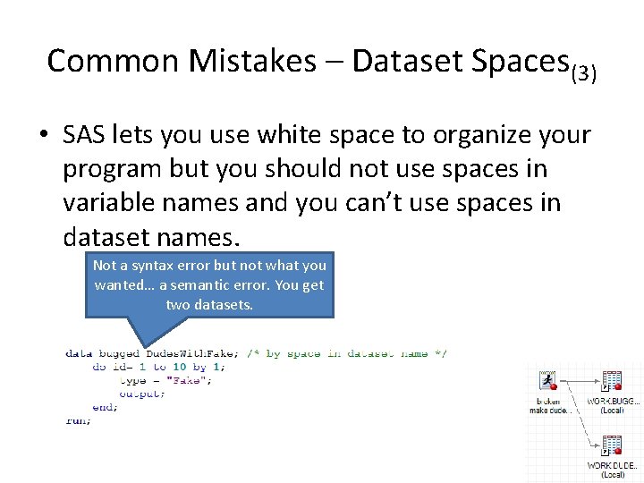 Common Mistakes – Dataset Spaces(3) • SAS lets you use white space to organize