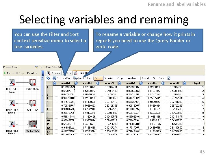 Rename and label variables Selecting variables and renaming You can use the Filter and