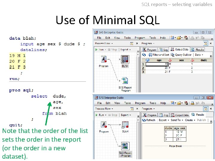 SQL reports – selecting variables Use of Minimal SQL Note that the order of