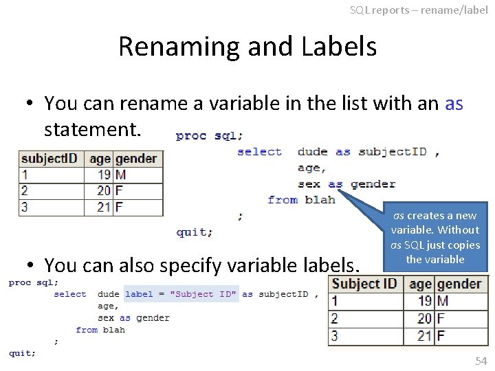 SQL reports – rename/label Renaming and Labels • You can rename a variable in