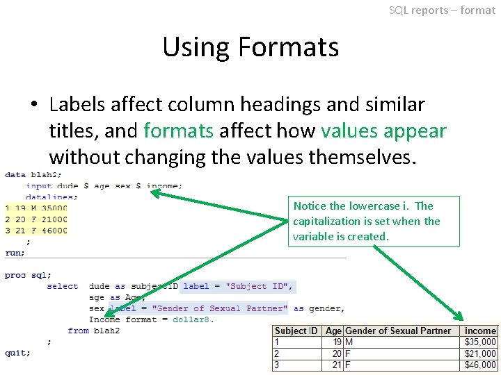 SQL reports – format Using Formats • Labels affect column headings and similar titles,