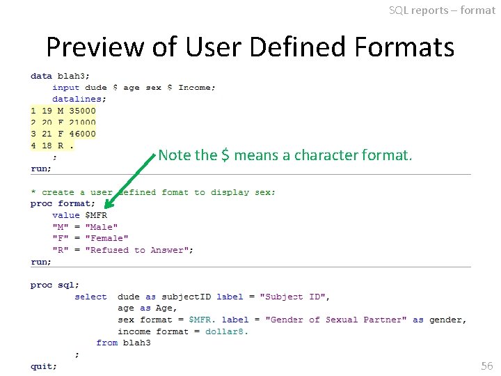 SQL reports – format Preview of User Defined Formats Note the $ means a