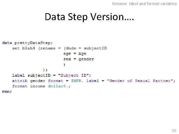 Rename label and format variables Data Step Version…. 59 