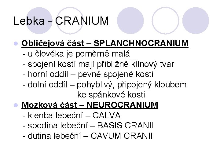 Lebka - CRANIUM Obličejová část – SPLANCHNOCRANIUM - u člověka je poměrně malá -
