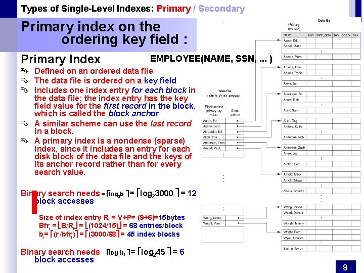 Types of Single-Level Indexes: Primary / Secondary Primary index on the ordering key field