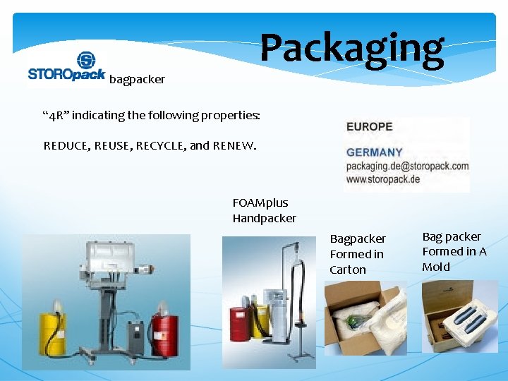 Packaging FOAMplu bagpacker “ 4 R” indicating the following properties: REDUCE, REUSE, RECYCLE, and