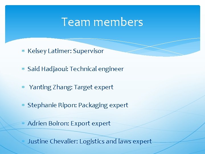 Team members Kelsey Latimer: Supervisor Said Hadjaoui: Technical engineer Yanting Zhang: Target expert Stephanie
