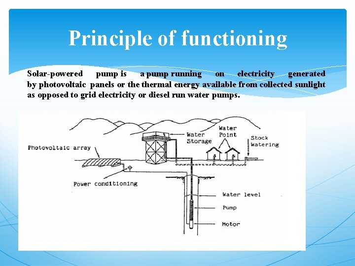 Principle of functioning Solar-powered pump is a pump running on electricity generated pump by