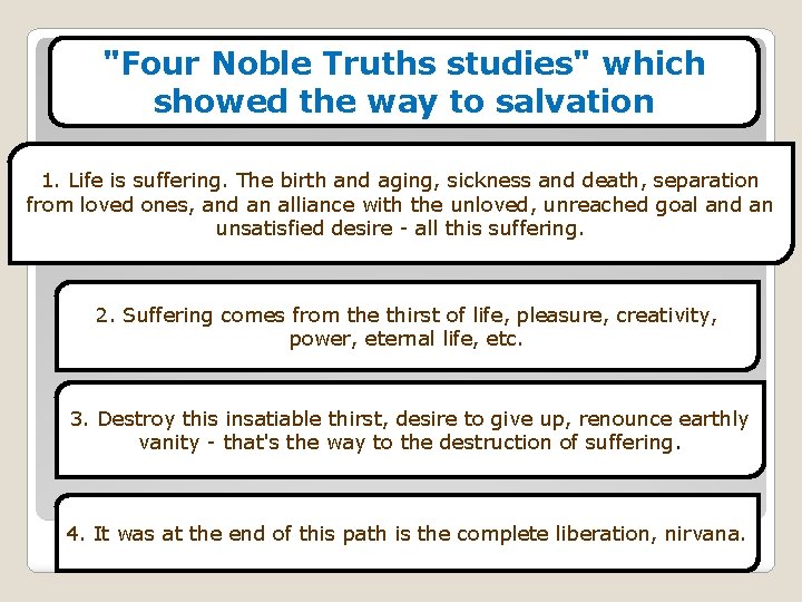 "Four Noble Truths studies" which showed the way to salvation 1. Life is suffering.