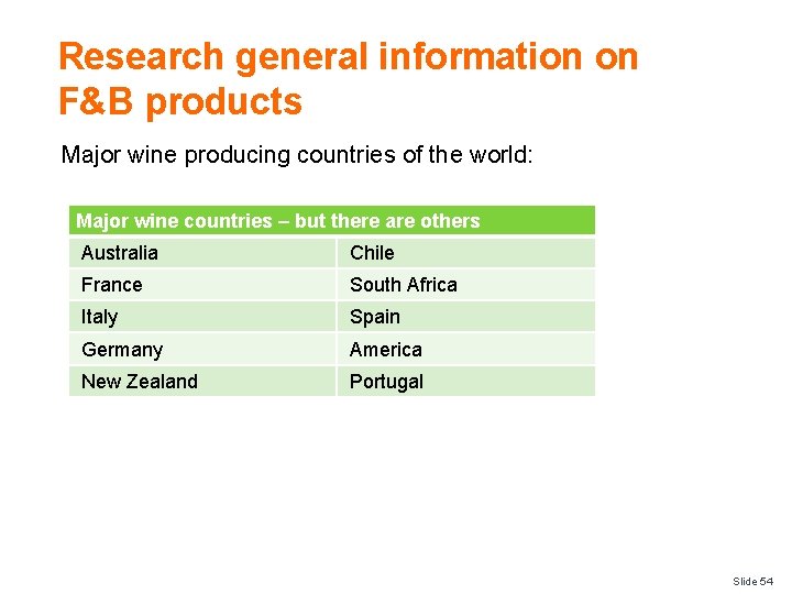 Research general information on F&B products Major wine producing countries of the world: Major