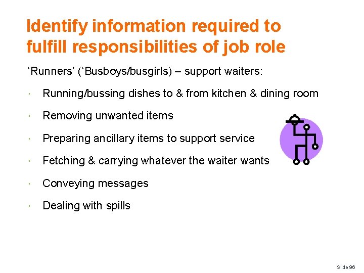 Identify information required to fulfill responsibilities of job role ‘Runners’ (‘Busboys/busgirls) – support waiters: