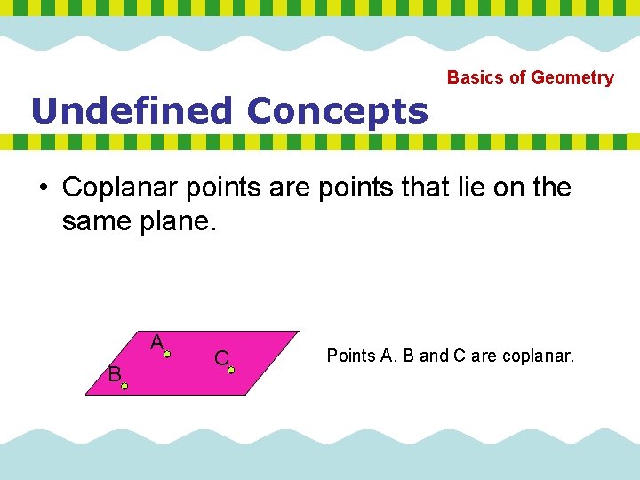 Basics of Geometry Undefined Concepts • Coplanar points are points that lie on the Basics of Geometry Undefined Concepts • Coplanar points are points that lie on the