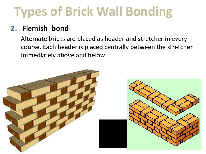Types of Brick Wall Bonding 2. Flemish bond Alternate bricks are placed as header