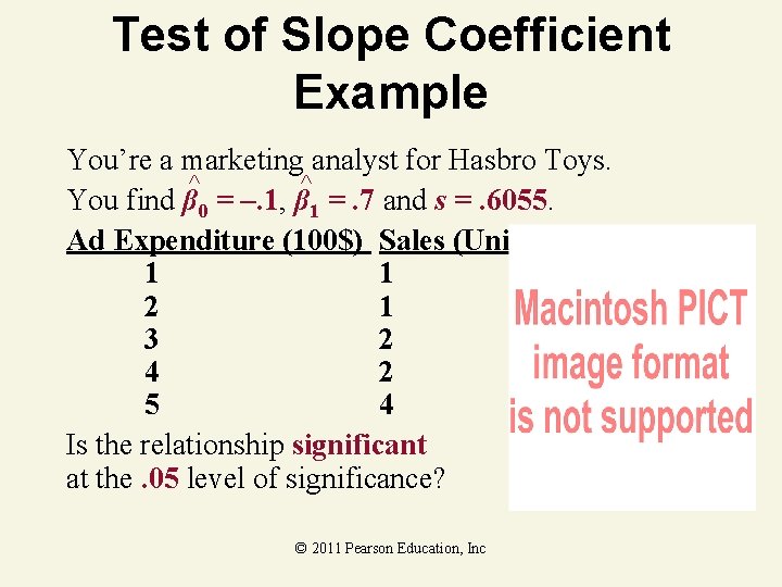 Test of Slope Coefficient Example You’re a marketing analyst for Hasbro Toys. ^ ^