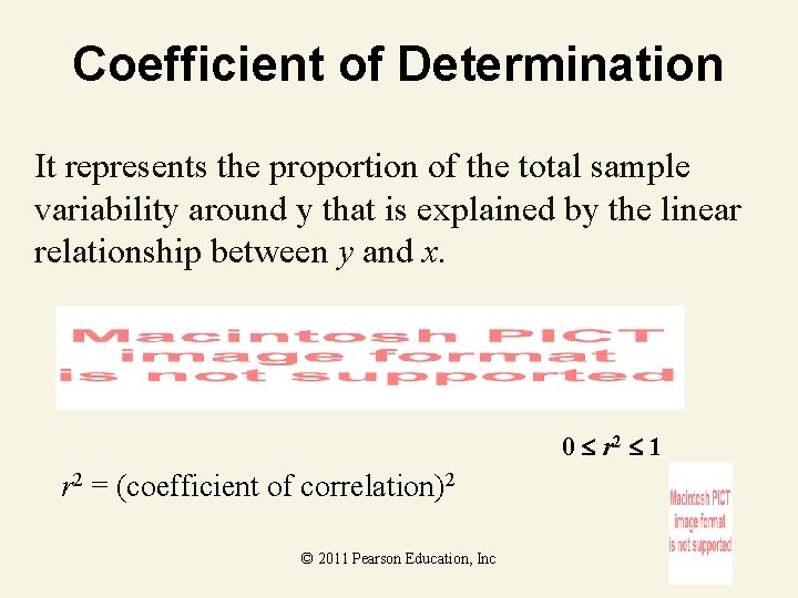 Coefficient of Determination It represents the proportion of the total sample variability around y